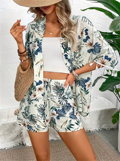 Floral Beach Cardigan and Shorts Set