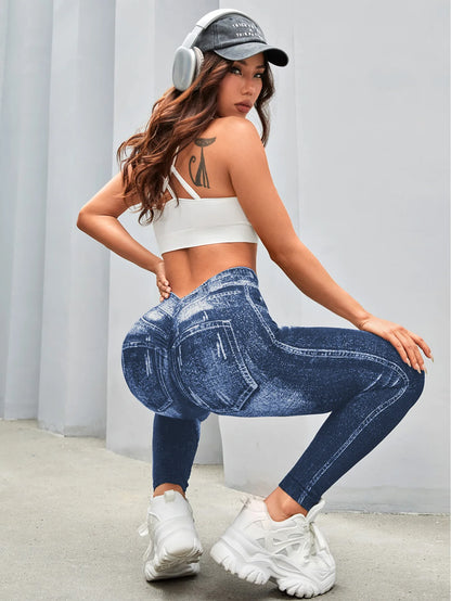 Bellanica - Faux Denim V-Back Gym Leggings