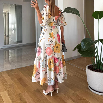 Elegant Floral Puff Sleeve A-Line Dress | Bellanica