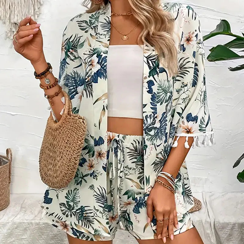 Floral beach cardigan and shorts set