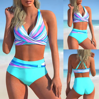 Bellanica - Rainbow Stripe High Waist Bikini Set