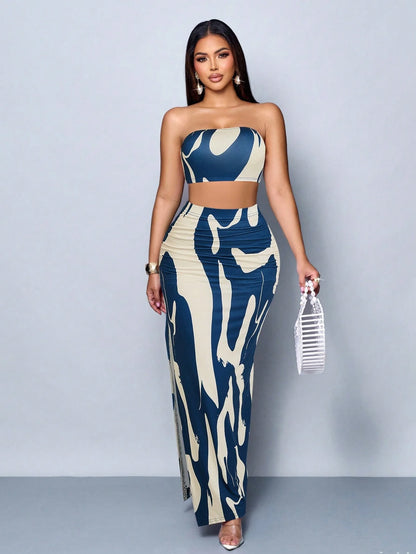 Abstract Stripe Strapless Bodycon Dress
