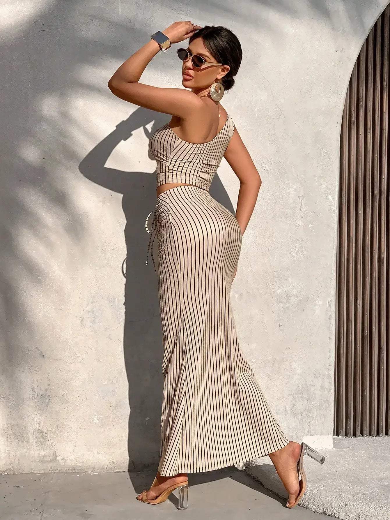 Casual Striped Pleated Skirt Two-Piece Set