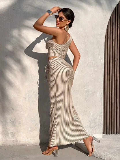 Casual Striped Pleated Skirt Two-Piece Set
