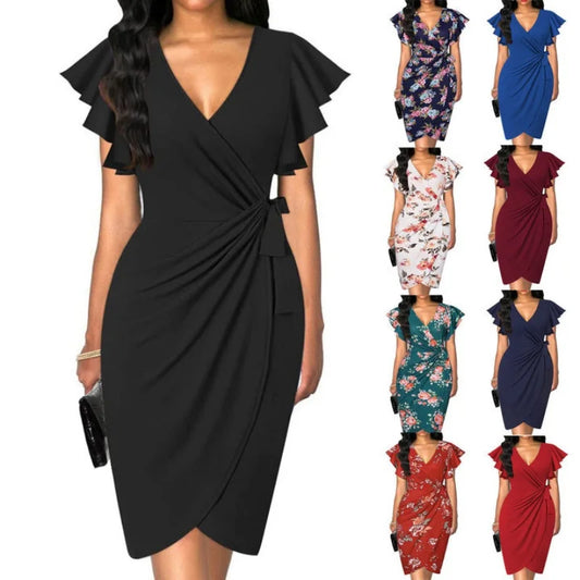 Bellanica - Faux Wrap V-Neck Ruffle Dress