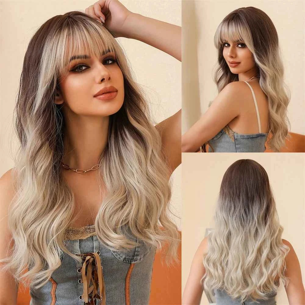 Brown Wavy Wig with Bangs Heat-Resistant