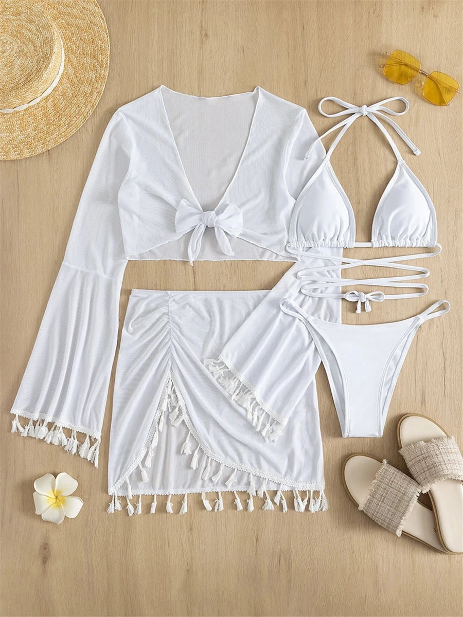 Bellanica - Vierteiliges Neckholder-Bikini-Set mit langärmeliger Strandtunika und Strandrock