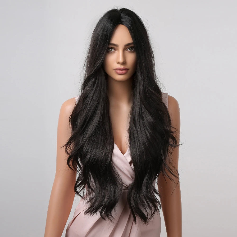 Dark Brown Long Wavy Synthetic Wig - close-up