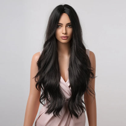 Dark Brown Long Wavy Synthetic Wig - close-up