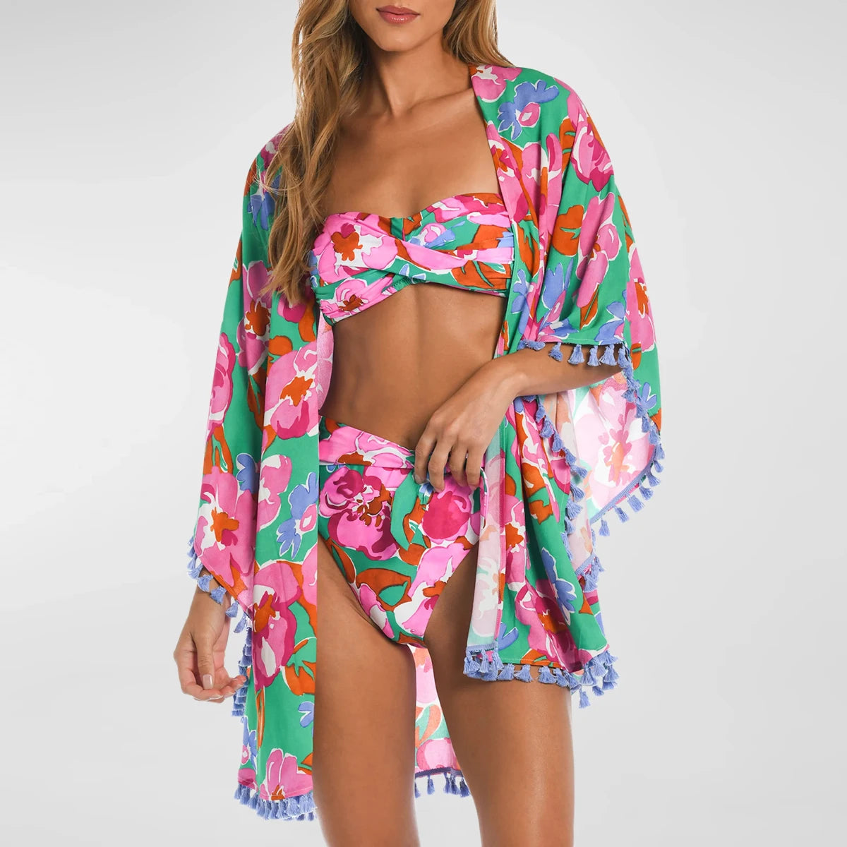 Three-Piece Printed Bikini Set with Cover-Up