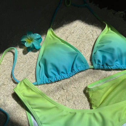 Bellanica - Gradient Halter Bikini Set with Skirt