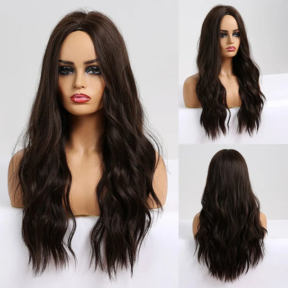 Dark Brown Long Wavy Synthetic Wig Middle Parting