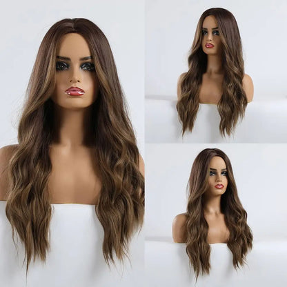 Dark Brown Long Wavy Synthetic Wig Middle Parting