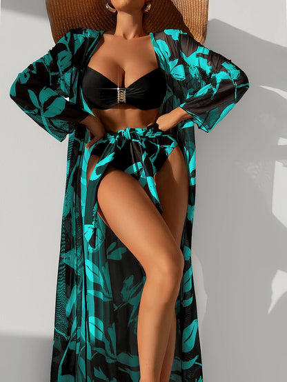 Three-Piece Printed Bikini Set with Cover-Up