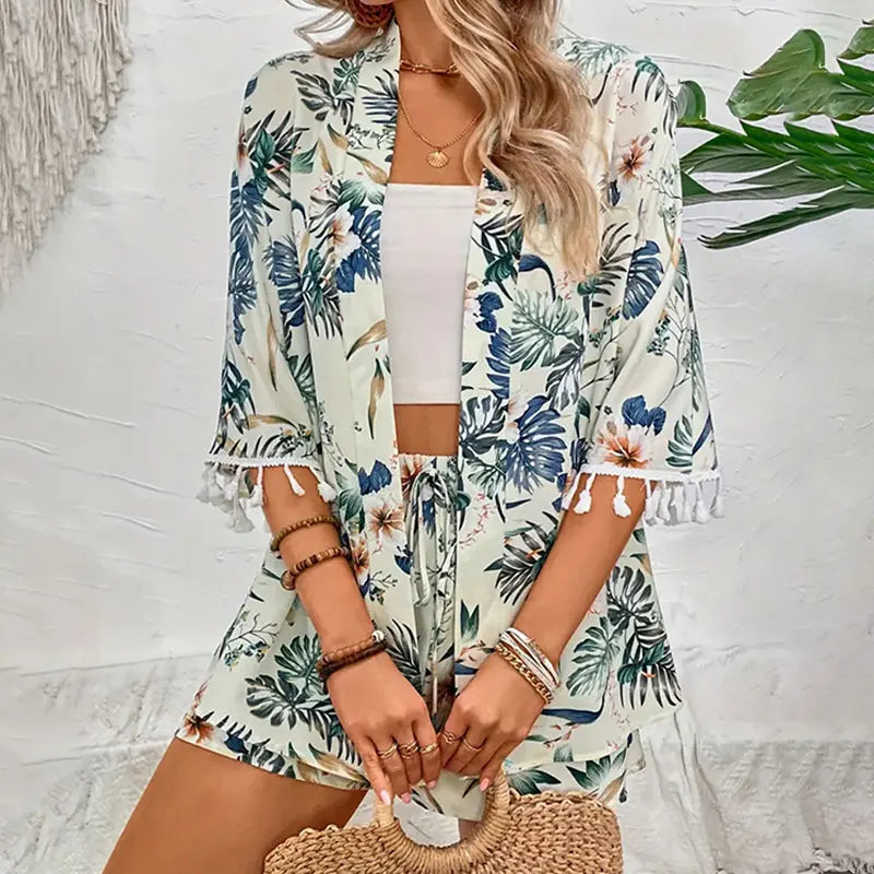 Floral Beach Cardigan and Shorts Set