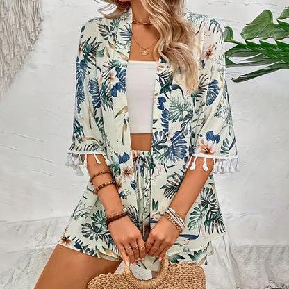 Floral Beach Cardigan and Shorts Set