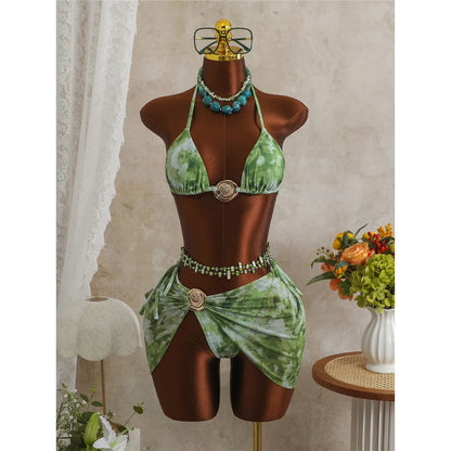 Tie-Dye Halter Bikini with Matching Skirt