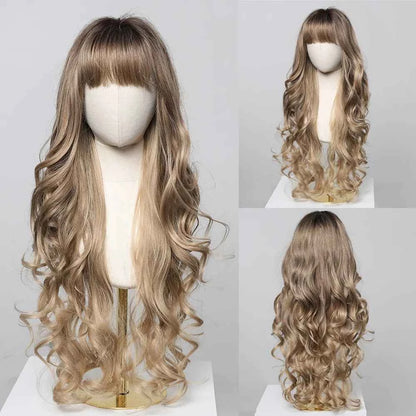 Brown Wavy Wig with Bangs Heat-Resistant