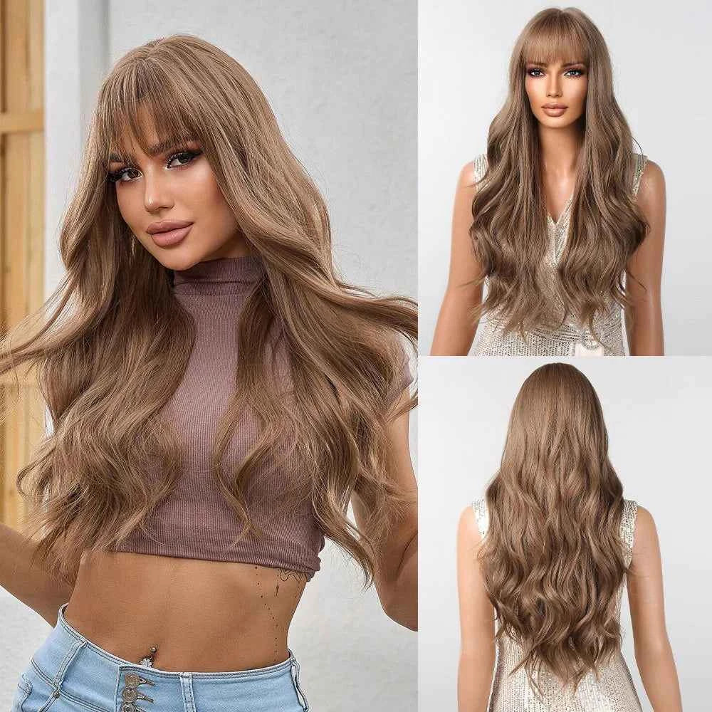 Brown Wavy Wig with Bangs Heat-Resistant