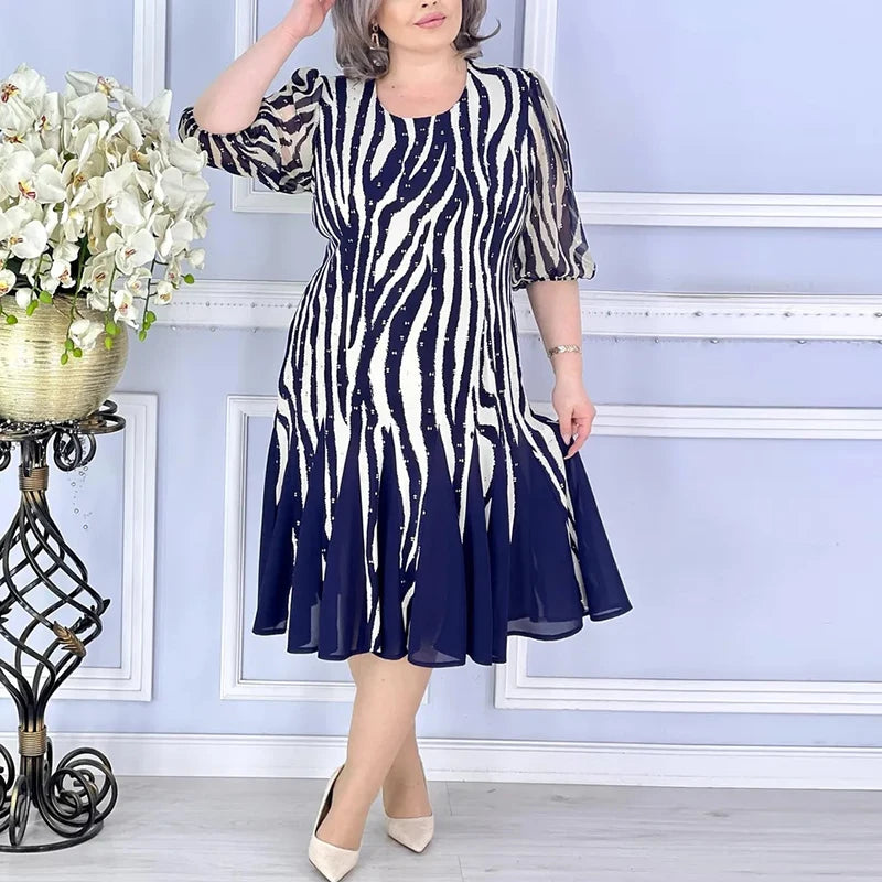 Elegant Blue Vintage Printed Summer Dress