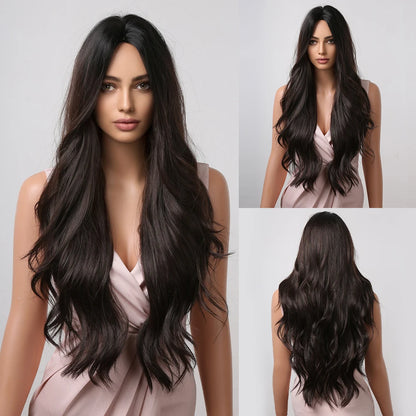 Dark Brown Long Wavy Synthetic Wig Middle Parting