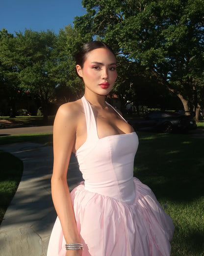 Bellanica - Elegant Pink Halter Pleated Mini Dress
