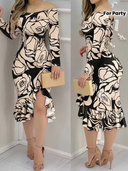 One-Shoulder Printed Dress with Ruffled Slit