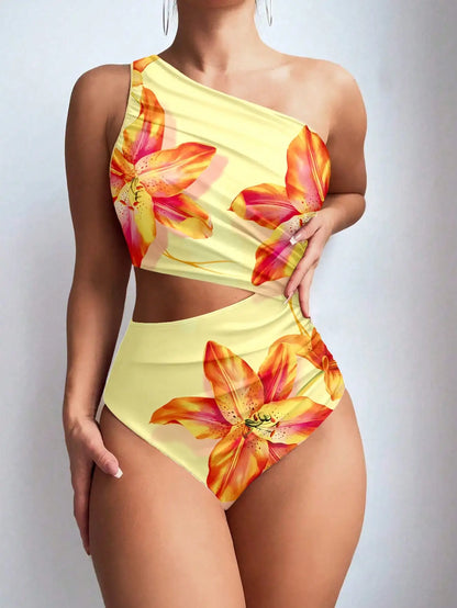 Bellanica - Asymmetrischer gestreifter Einteiler-Badeanzug mit Cut-Out