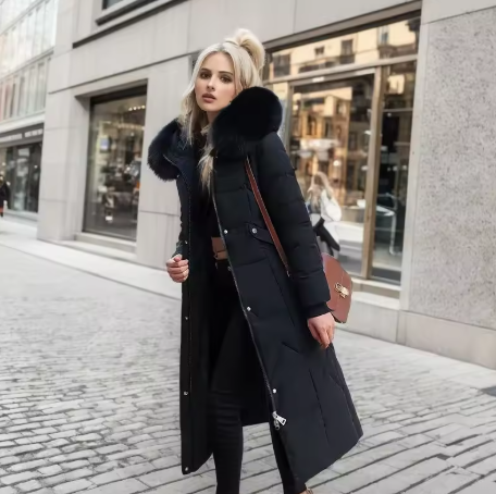 Bellanica - Waist-in-knee Padded Quilted Jacket With Thick Fur Collar