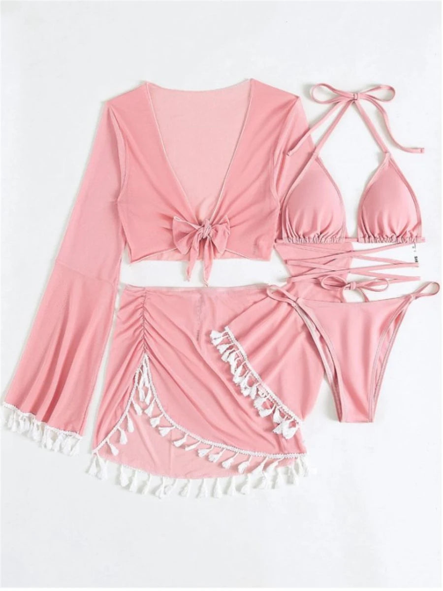 Bellanica - Vierteiliges Neckholder-Bikini-Set mit langärmeliger Strandtunika und Strandrock