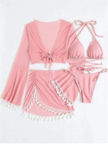 Bellanica - Vierteiliges Neckholder-Bikini-Set mit langärmeliger Strandtunika und Strandrock