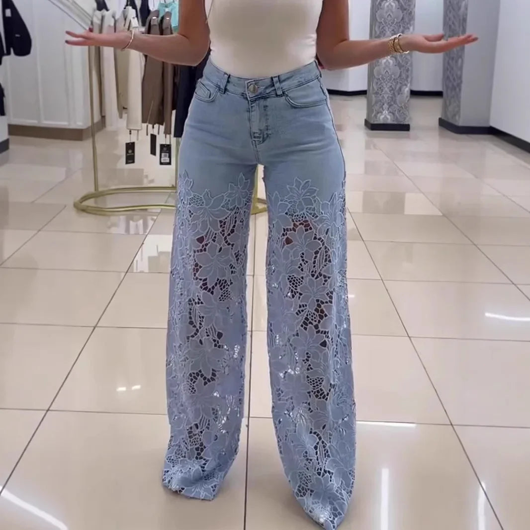 Bellanica - Wide jeans with floral pattern and lace for women