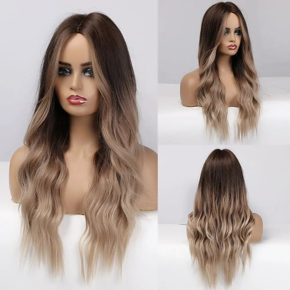 Dark Brown Long Wavy Synthetic Wig Middle Parting