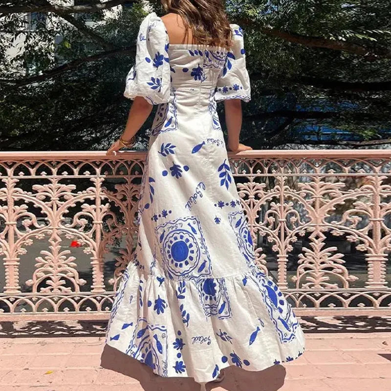 Elegant Floral Puff Sleeve A-Line Dress | Bellanica