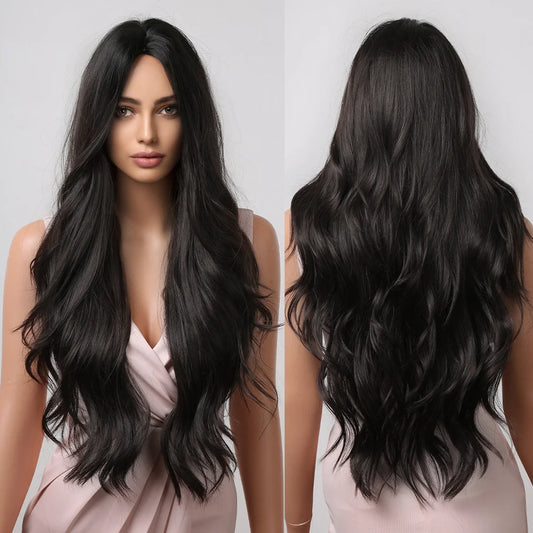 Dark Brown Long Wavy Synthetic Wig - front view