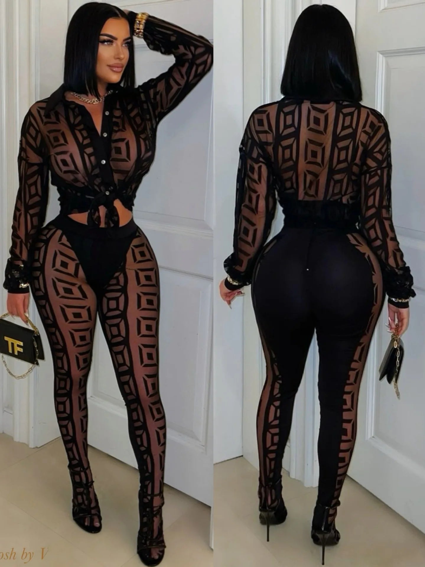 Mesh Crop Top Pants Streetwear Set