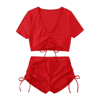 V-Neck Short-Sleeve High-Waist Bikini Set