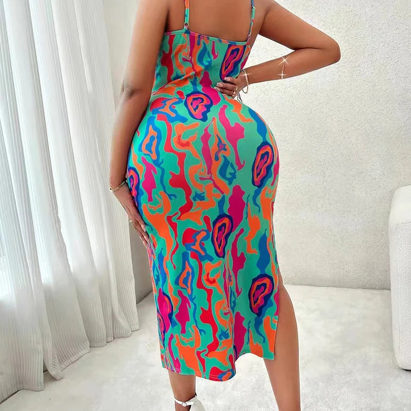 Sexy Printed Split Summer Suspender Dress