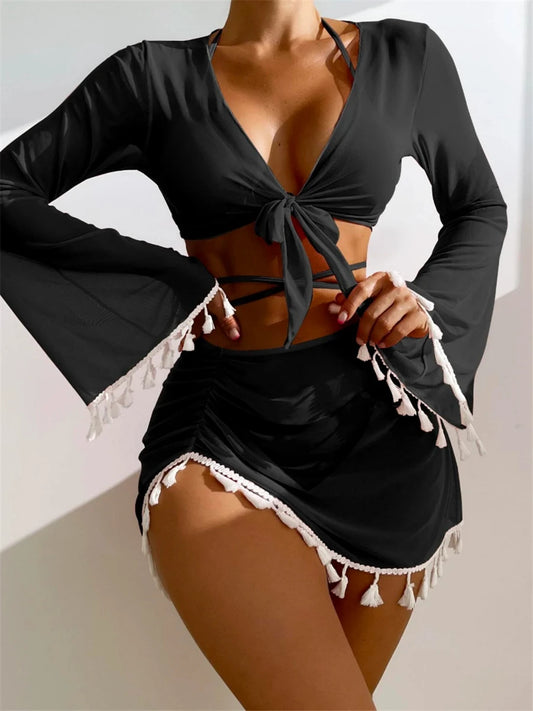 Four-Piece Halter Bikini Set with Cover-Up and Skirt