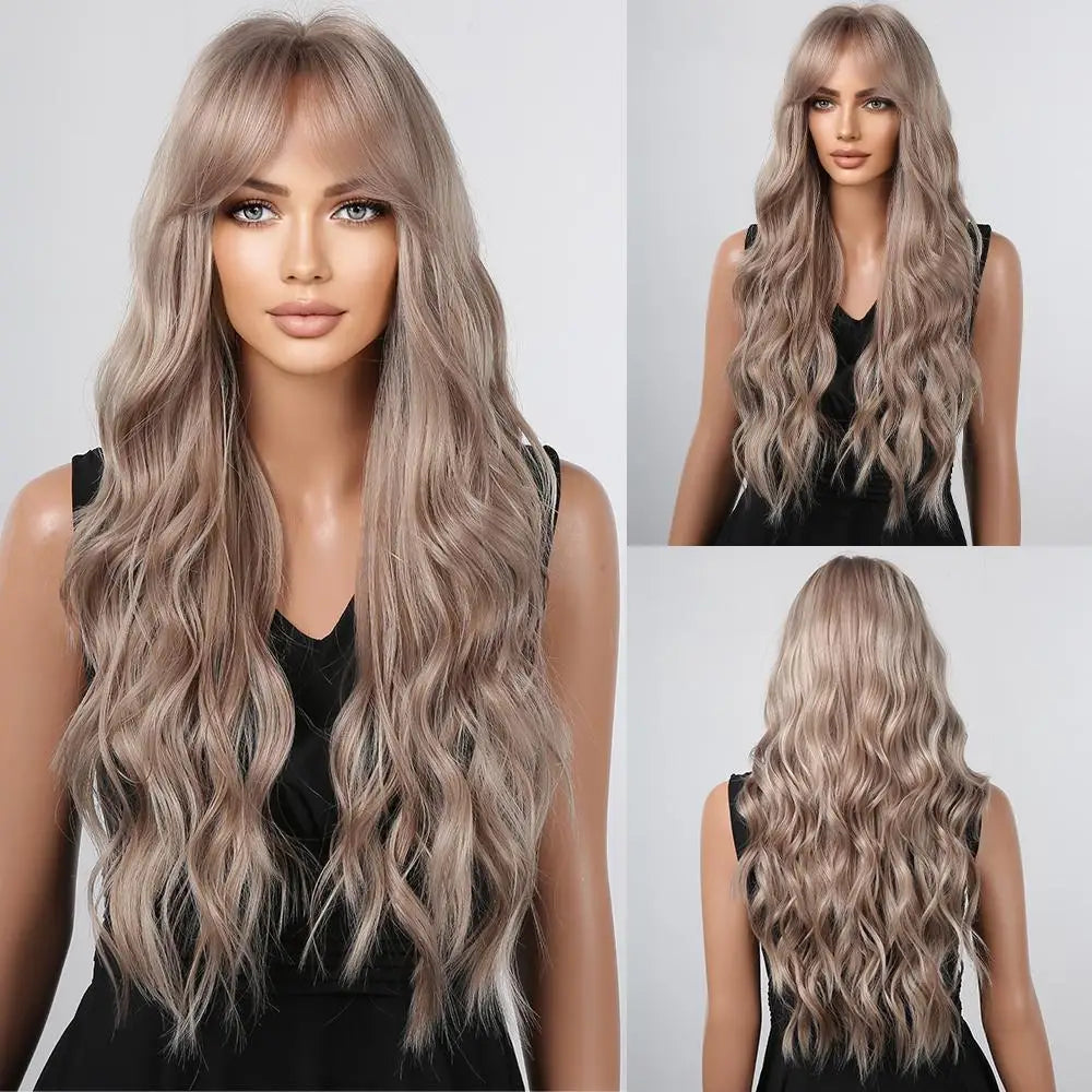 Dark Brown Long Wavy Synthetic Wig Middle Parting