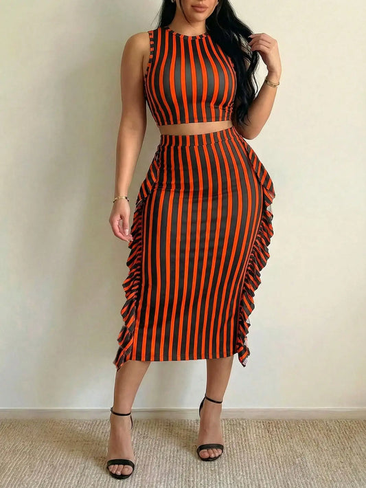 Striped Sleeveless Top Ruffle Skirt Set
