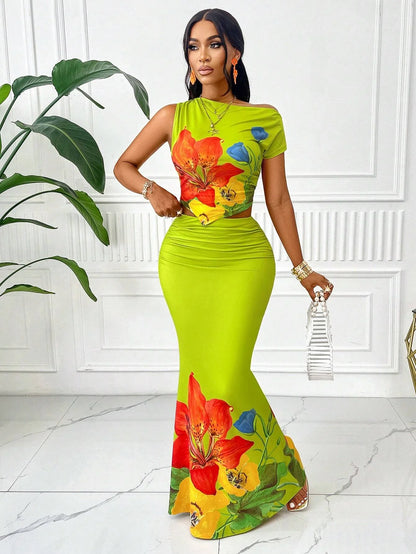 Elegant Floral Sleeveless Top Skirt Set
