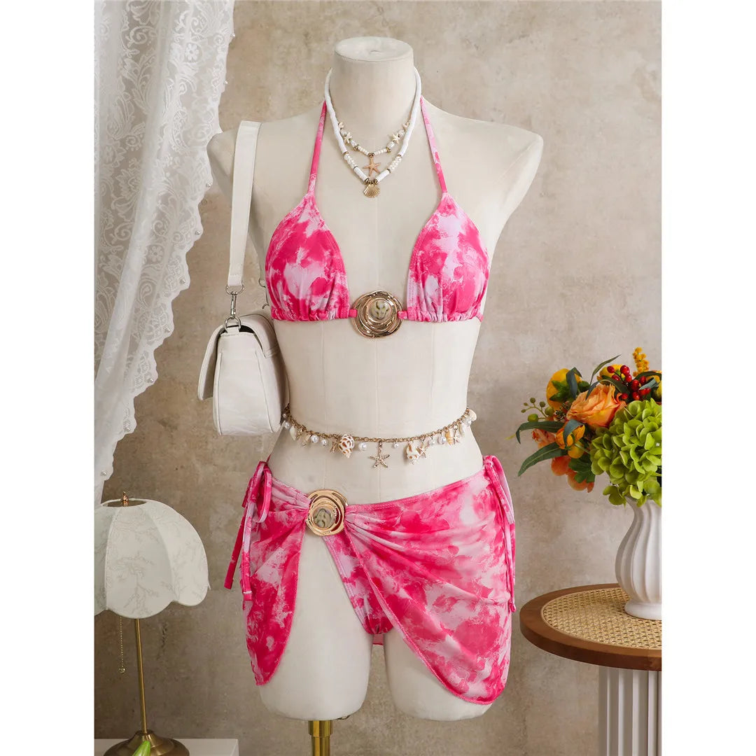 Tie-Dye Halter Bikini with Matching Skirt