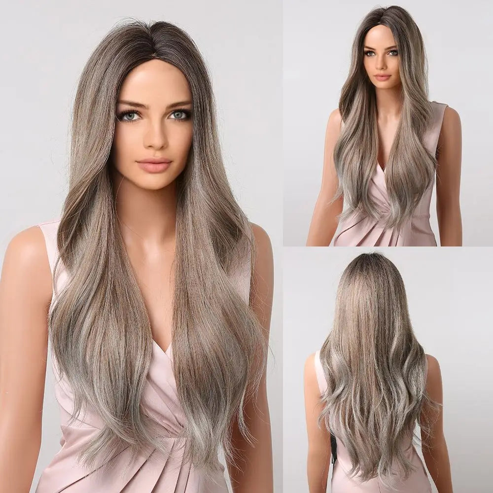 Dark Brown Long Wavy Synthetic Wig Middle Parting