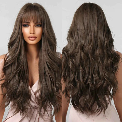 Brown Wavy Wig with Bangs Heat-Resistant