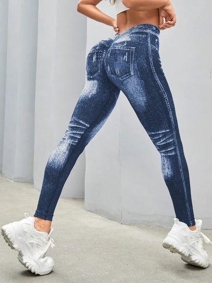 Bellanica - Faux Denim V-Back Gym Leggings