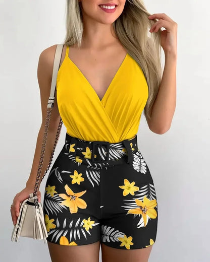 Summer V-Neck Floral Camisole Shorts Set