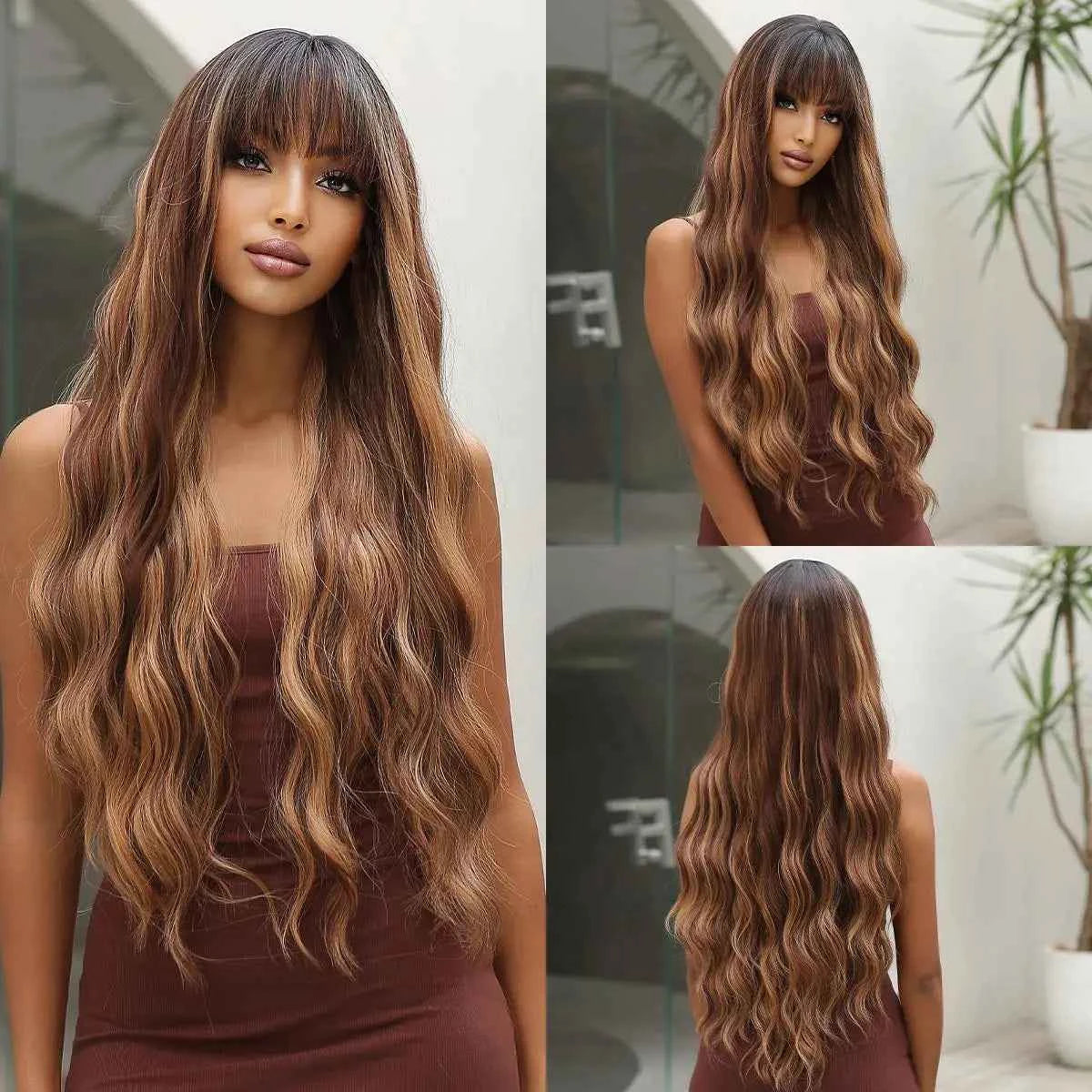 Brown Wavy Wig with Bangs Heat-Resistant