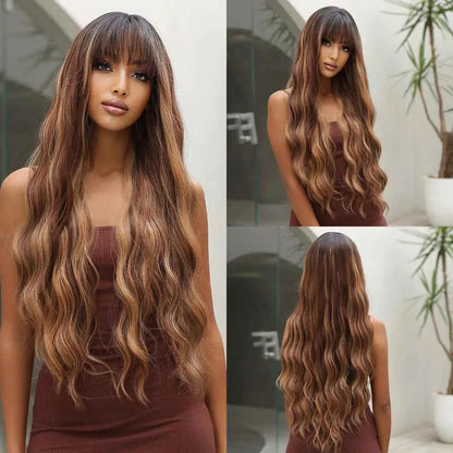 Brown Wavy Wig with Bangs Heat-Resistant