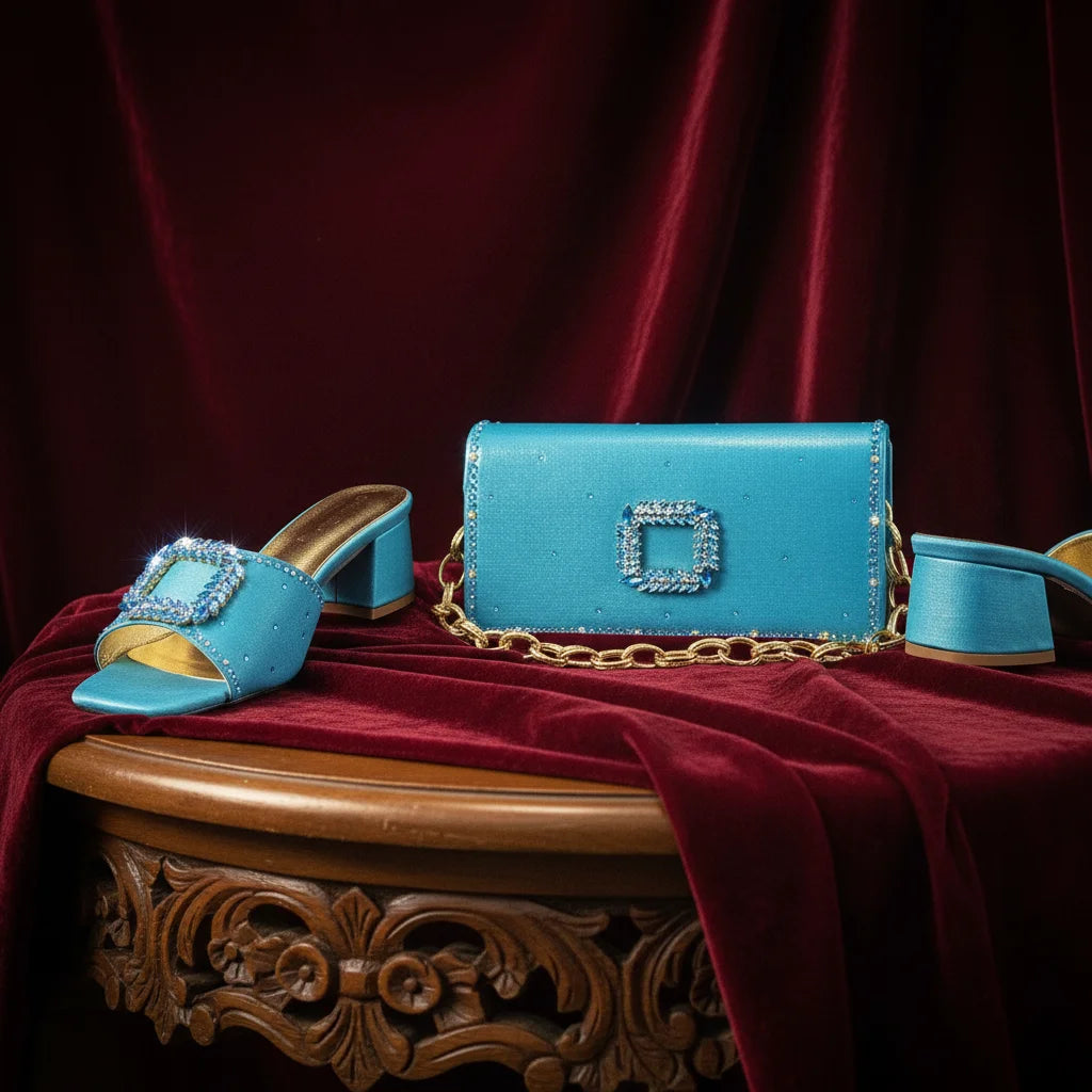 Bellanica - Escarpins argentés ornés de strass, avec sac à main de luxe